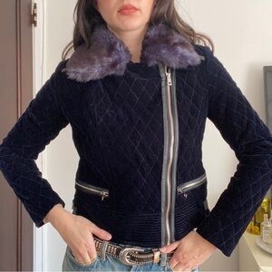 bagatelle Quilted Velvet Jacket with Faux Fur Collar - Navy